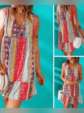 Source Unknown Multicolor Patchwork Sleeveless Summer Dress